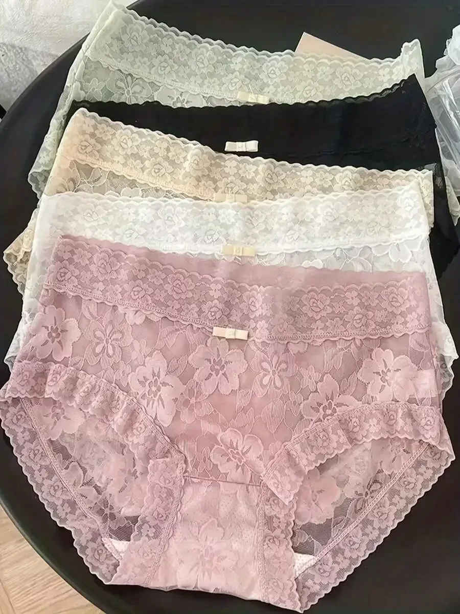

5 Pieces Floral Lace Bow Breathable Seamless Womens Bikini Panties Comfortable Stretch Underwear