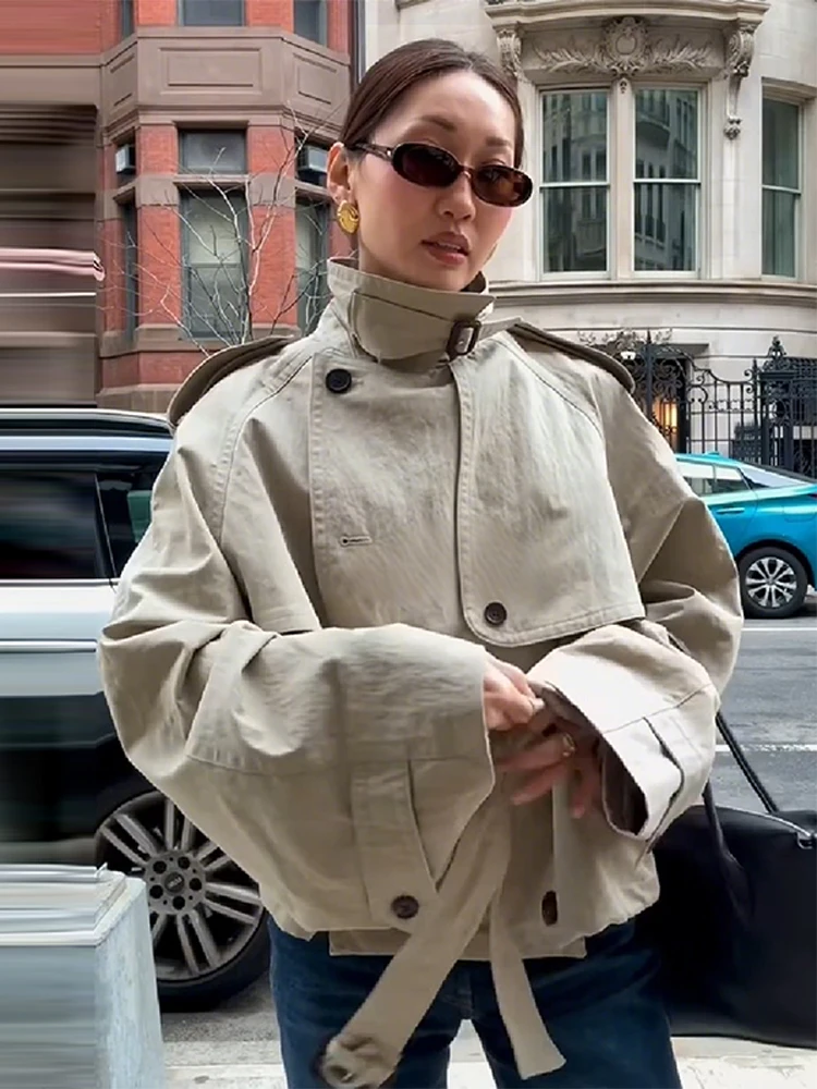 Vintage Stand Stand Neck Khaki Jacket Chic Leisure Full Sleeve Short Trench Coat 2025 NEW Autumn Fashion Commute Lady Outwear