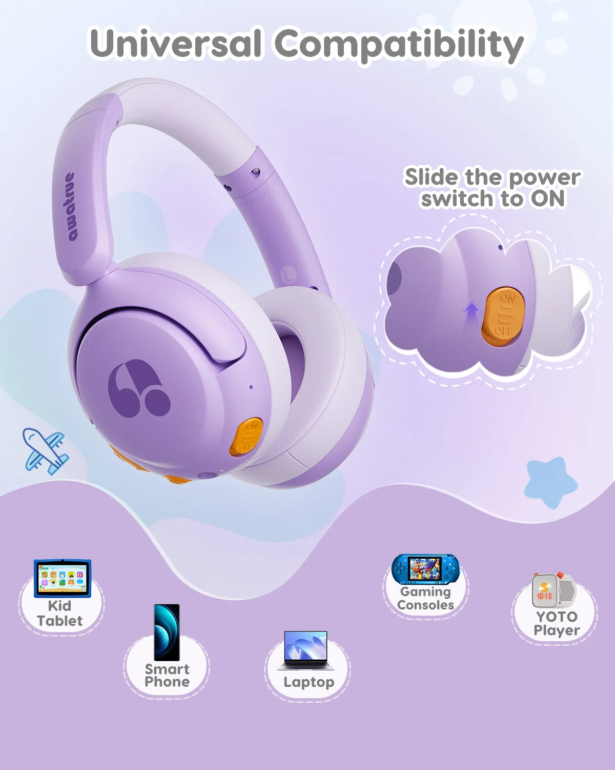 Headphone Nirkabel Awatrue Kids Over-Ear Bluetooth 5.4 untuk Balita, Volume Aman 85dB untuk iPad/YOTO Player/Tablet/Sekolah