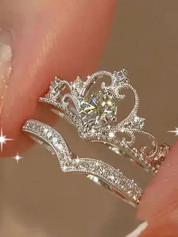 2PCS Fairy Sparkling Crown Rings for Women Teen Crystal Korean Adjustable Silvery Anniversary Gift Party Queen Ring Set Jewelry