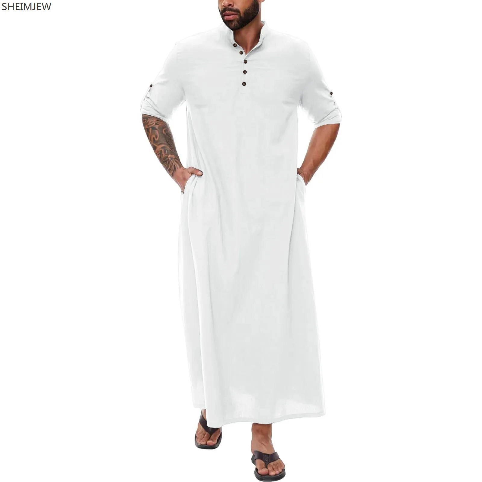 

Arabic Style Simple Cotton And Linen Long Clothing Men's Stand Collar Button Muslim Robe Simple Side Slit Buttoned Pocket Outfit