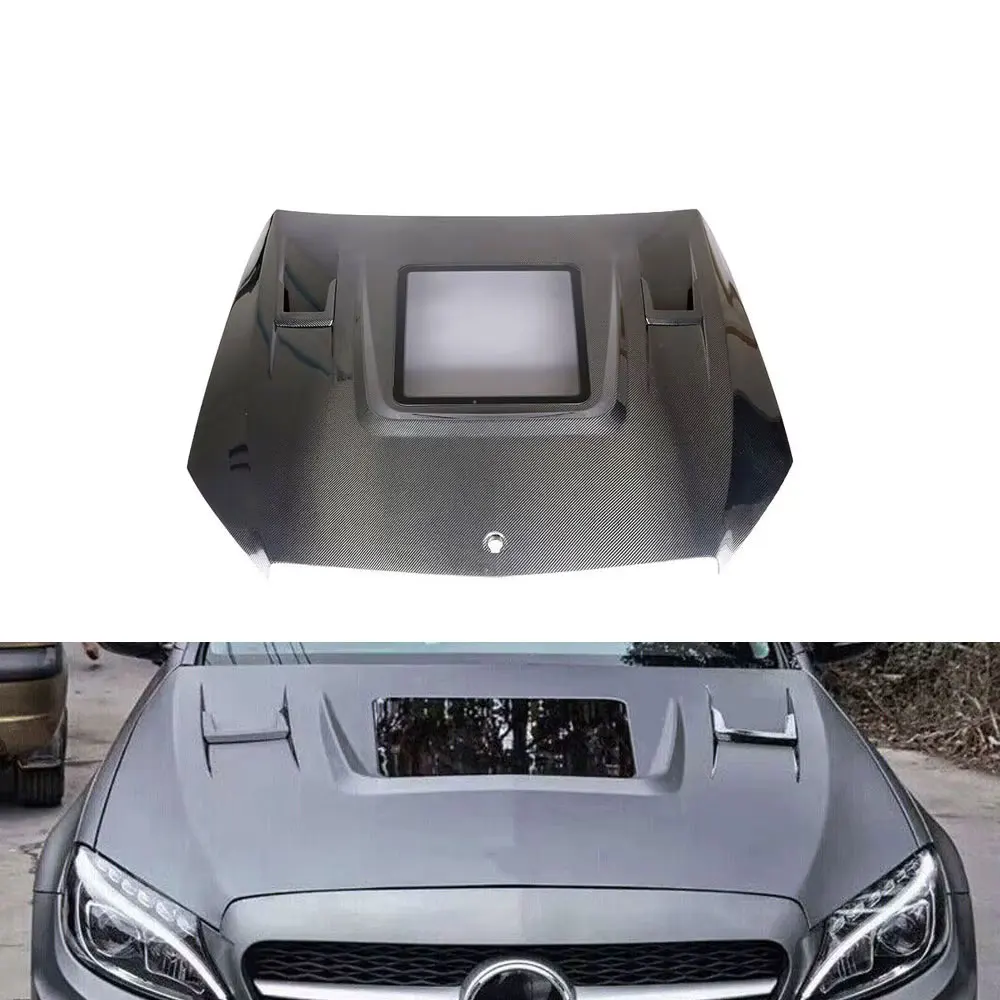 

Капот двигателя W205 из углеродного волокна со стеклянными вентиляционными отверстиями для Mercedes Benz C205 C300 C400 C450 C43 C63 AMG 15-19