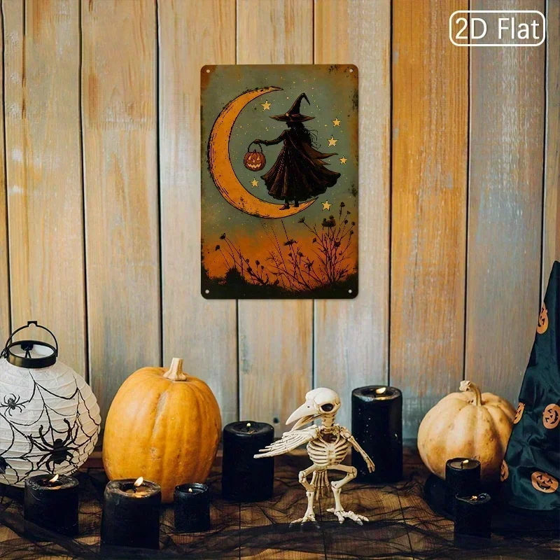 2D Flat - 8X12 Inch Metal Wall Art Featuring a 2D Flat Design of a Halloween Witch, Moon, Flying Witch, Jack-O-Lantern