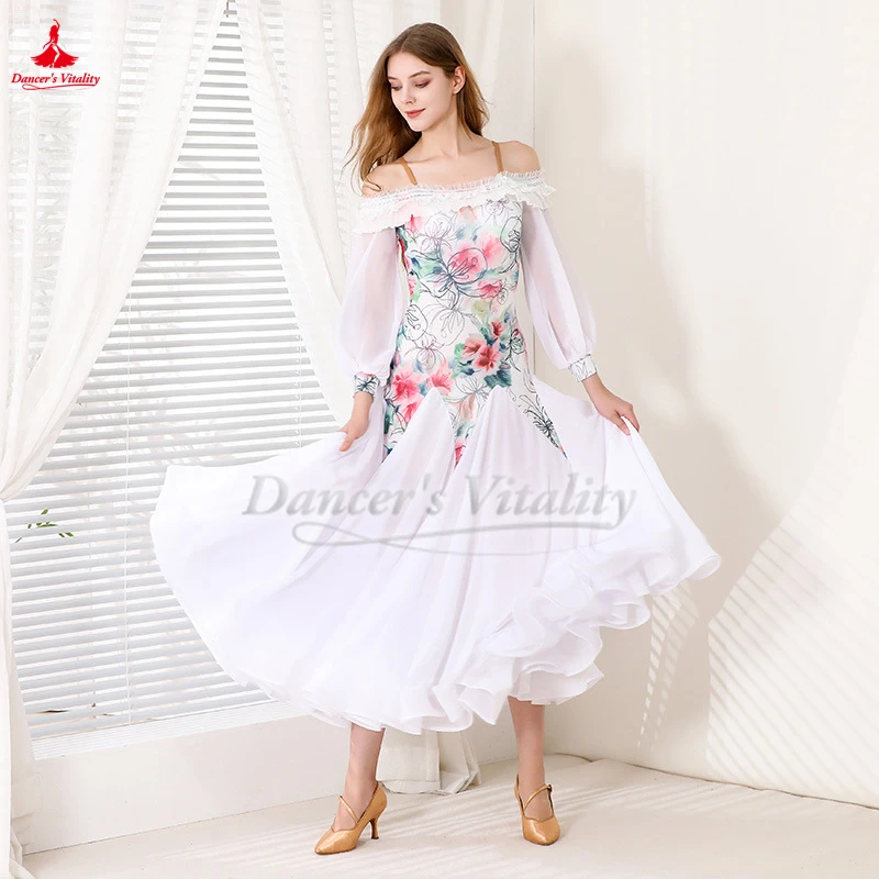 Ballroom Dance Lantern Sleeves Flower Print Dresses To Women Adult Waltz Foxtrot Tango Quickstep Professional Practise Costume