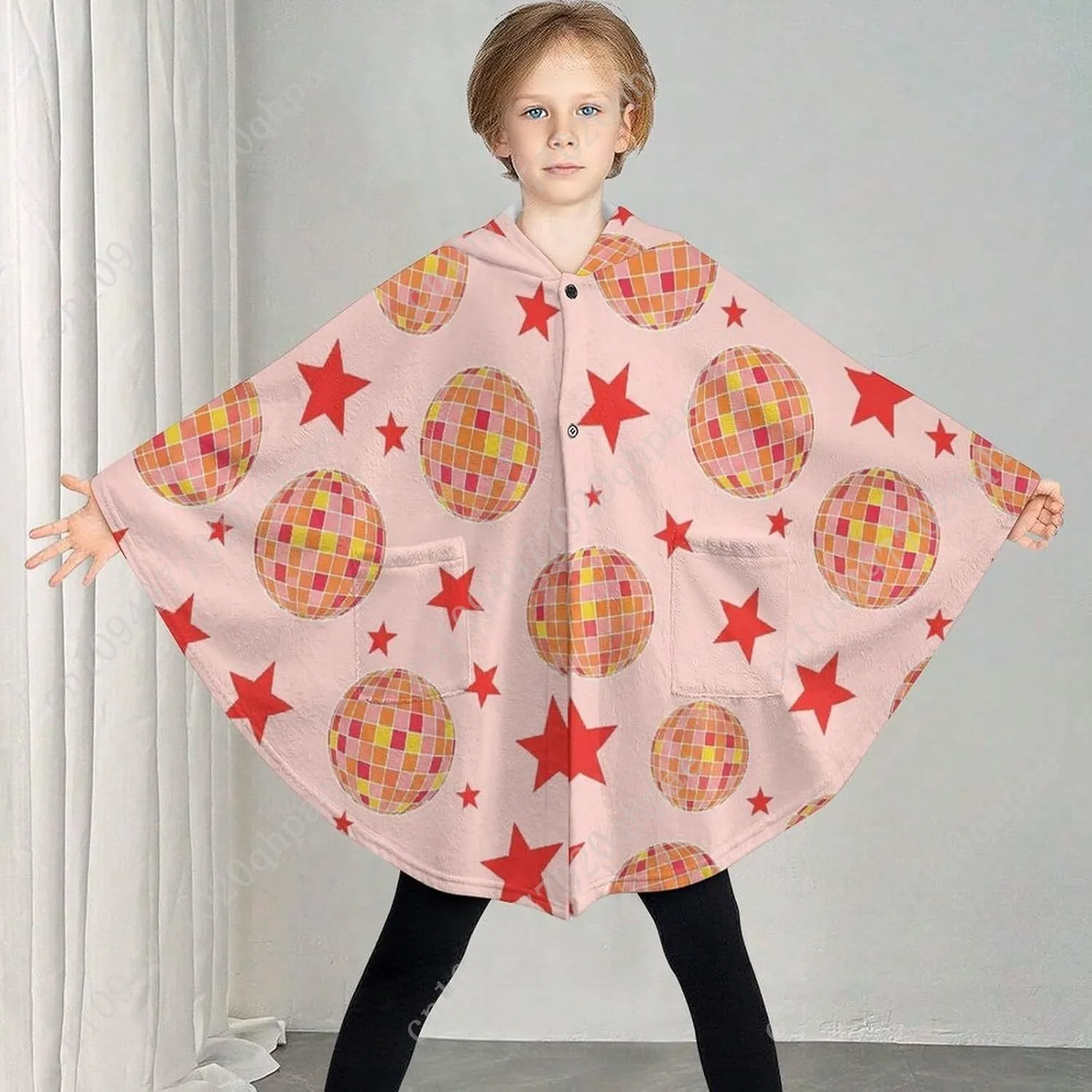 سترة بطانية مريحة من الفلانيل، هوديي كبير الحجم على شكل كرات ديسكو مع جيوب للأطفال والمراهقين #2