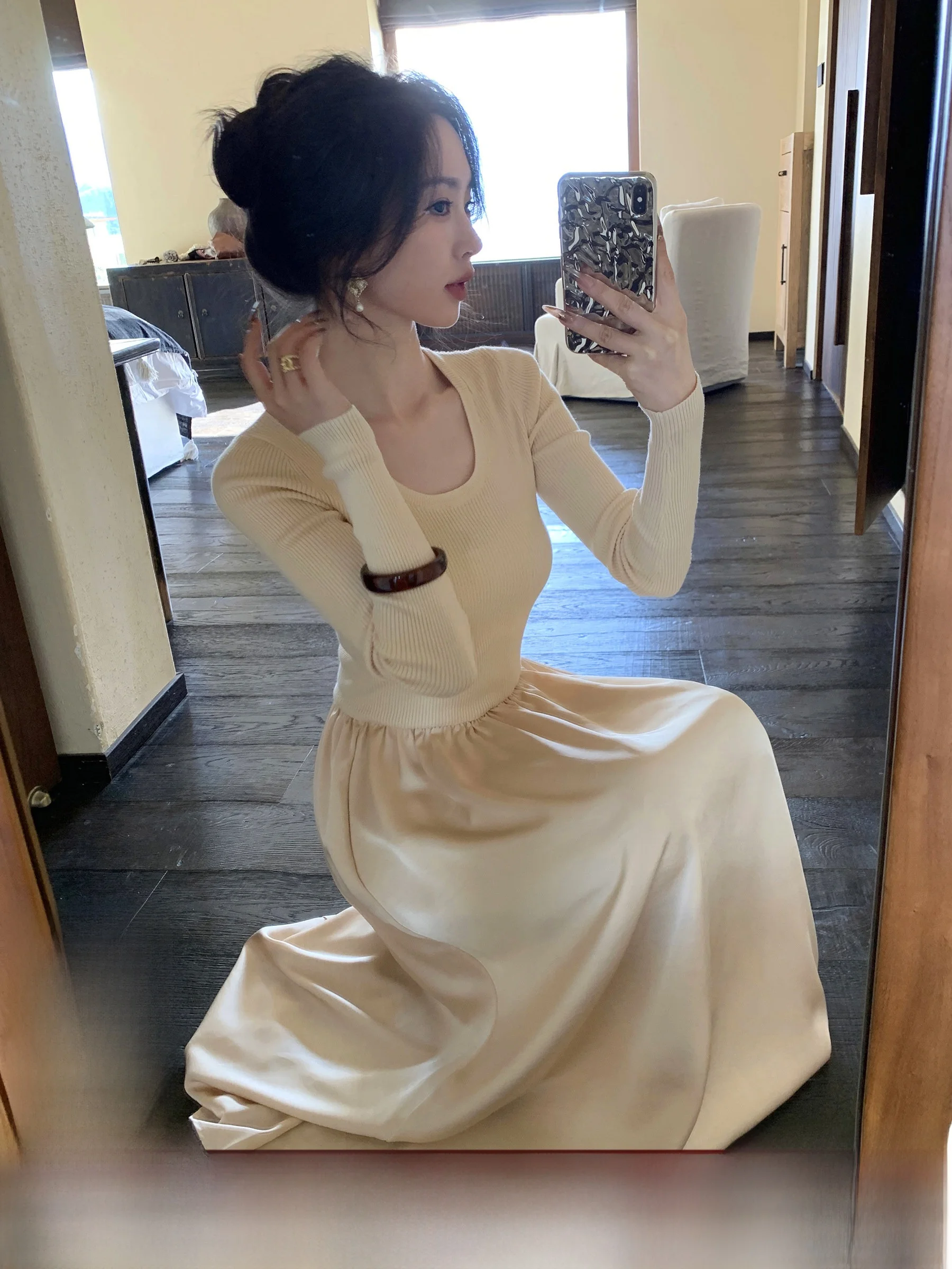 

Ele Wool Knitted round Ne Dr with Flounce SYT High Quali Sensation Patchwork Dr for Women Ele A-Line Skirt