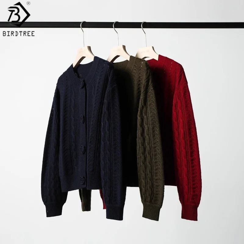 

Birdtree,90% Sheep Wool 10% Cashmere Knitted Cardigan,Woman O-neck Single Breasted Sweater,2025 Autumn Crochet Coat T5O722JF