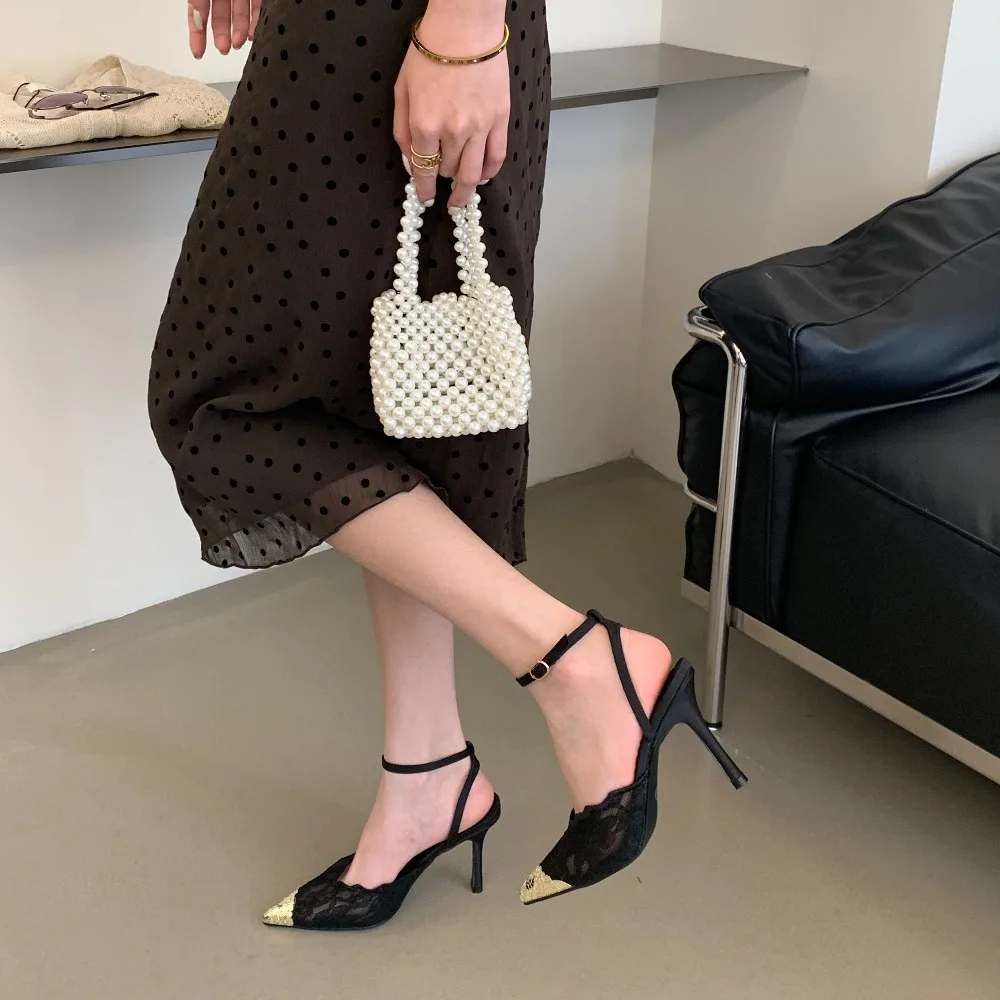 Aneikeh Elegant White Lace Slingback Stiletto Heels Pointed Toe Ankle Strap Buckle Sandals Wedding Party Ladies Dress Pumps