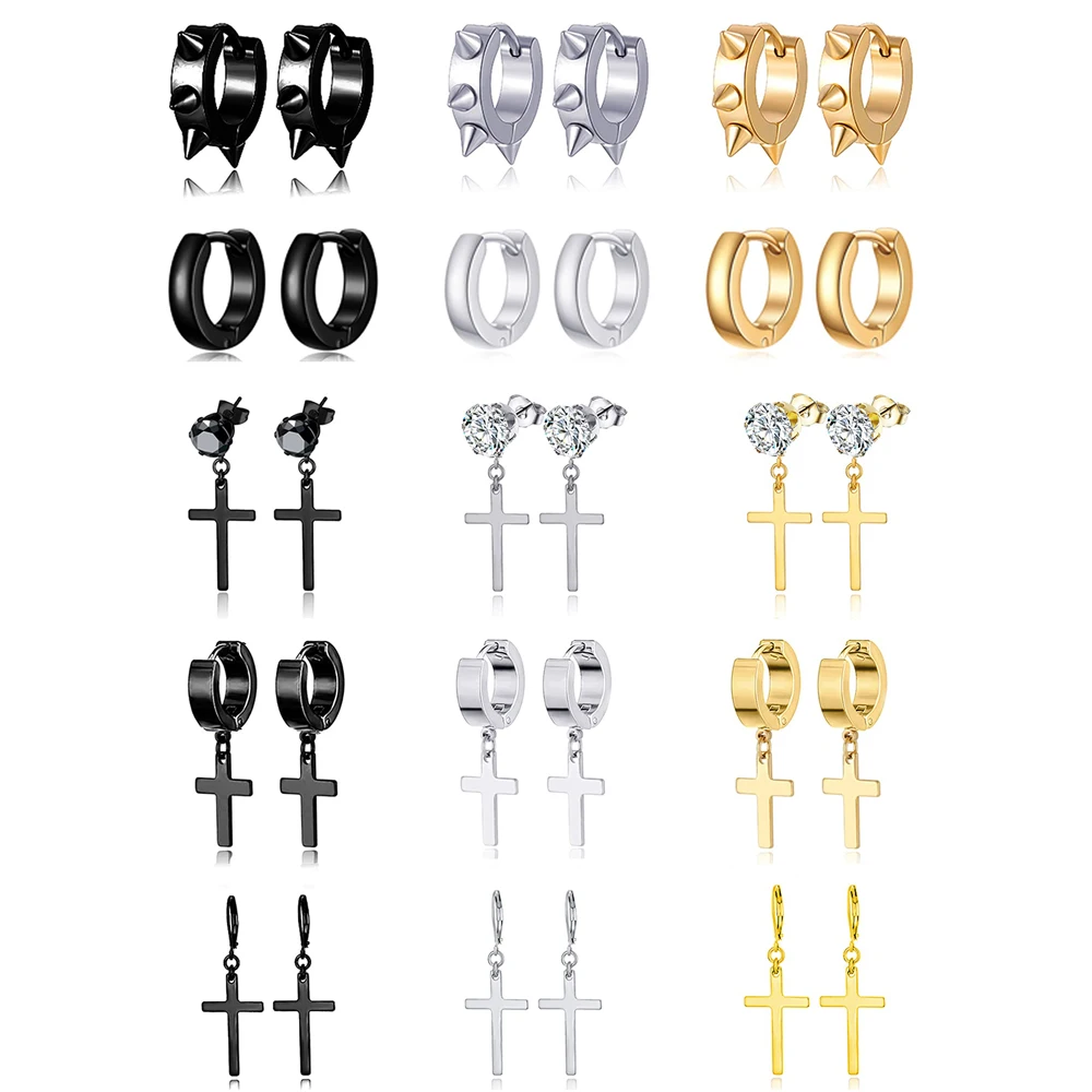 

1 Pair/15 Pairs Stainless Steel Spike Hoop Earrings Hinged Dangle Cross Earrings Punk CZ Stud Piercing Set for Women Men