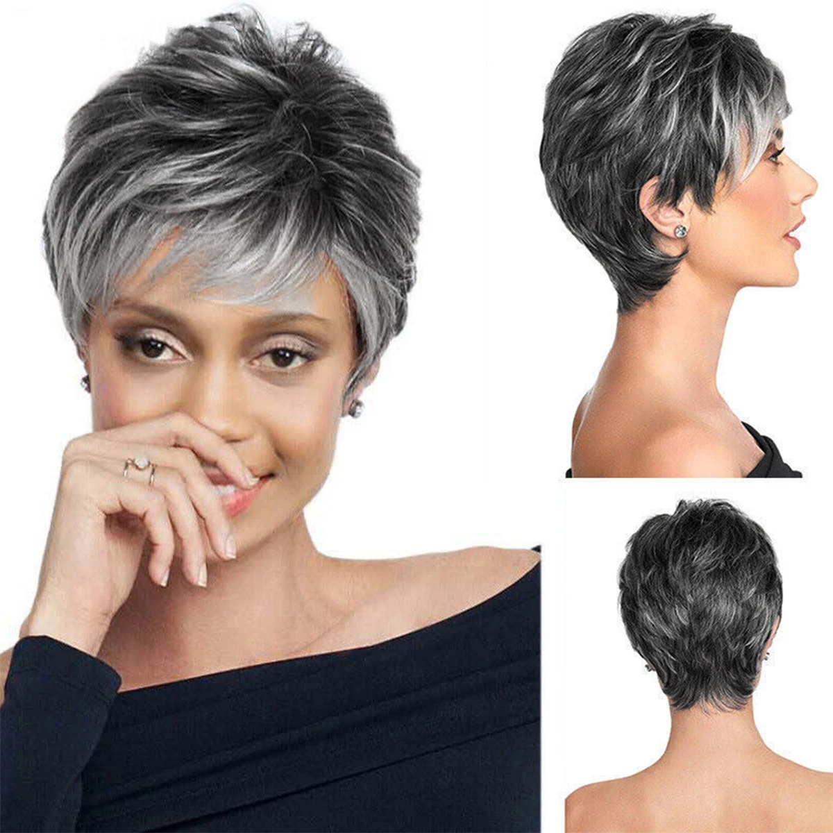

Gradient silver gray synthetic short hair mother headgear wig oblique bangs high-end hair set heat-resistant wig