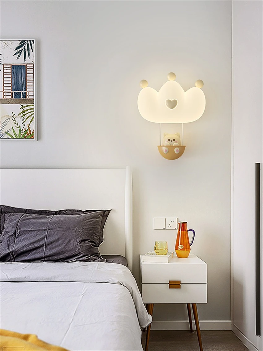 

Nordic LED Bedroom Bedside Wall Lamps Eye Protection Kids Room Corridor Living Room Aisle Cute Decoration Crown Wall Lighting