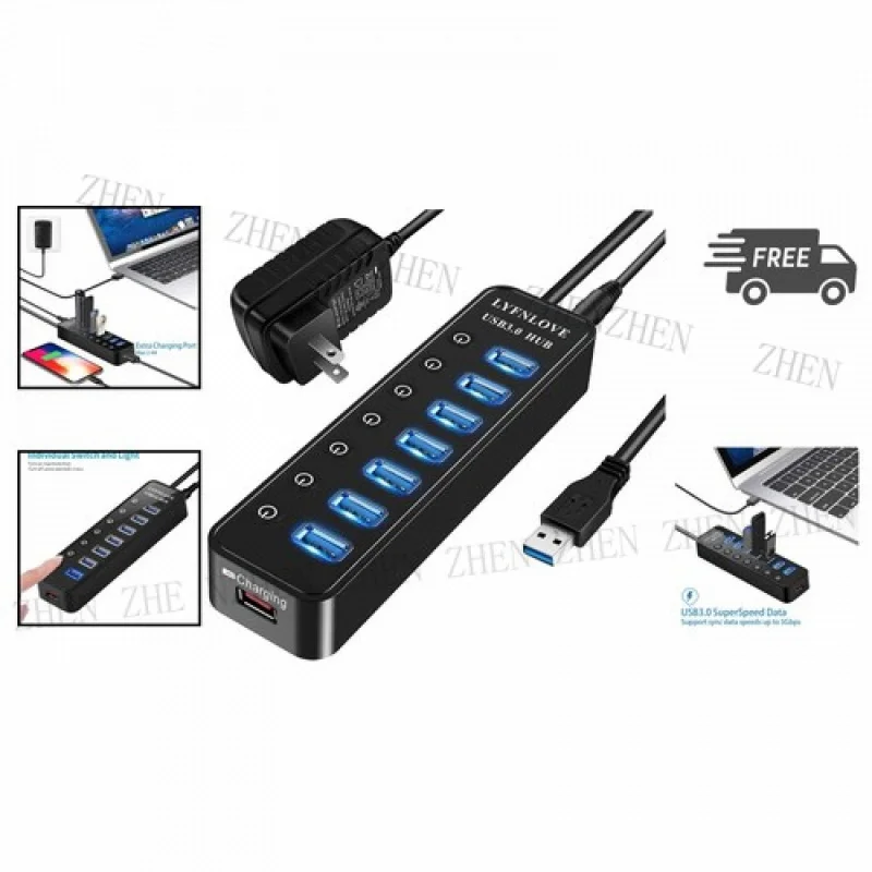 Y USB Hub 3.0 Extender 7 Ports Splitter with Power Adapter for PC Laptop Mac