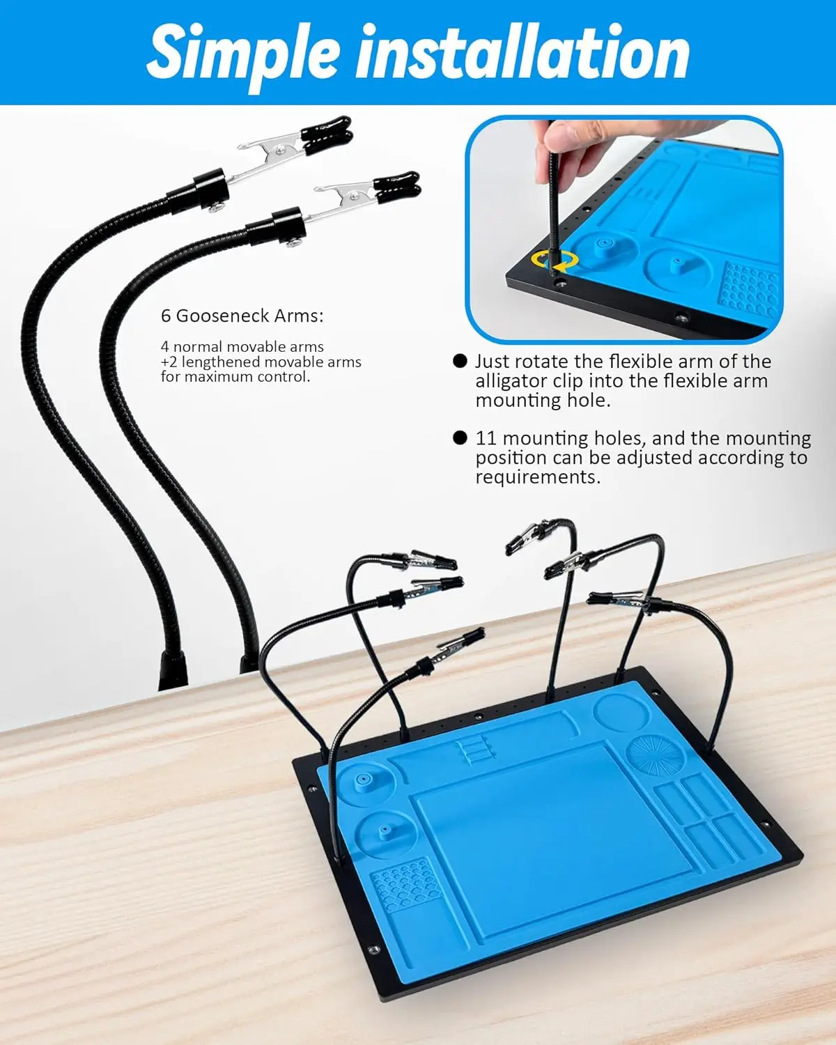 Helping Hands Soldering Station with 6 Flexible Arms, Heat-Resistant Silicone Mat for Electronic Repair & Jewelry DIY