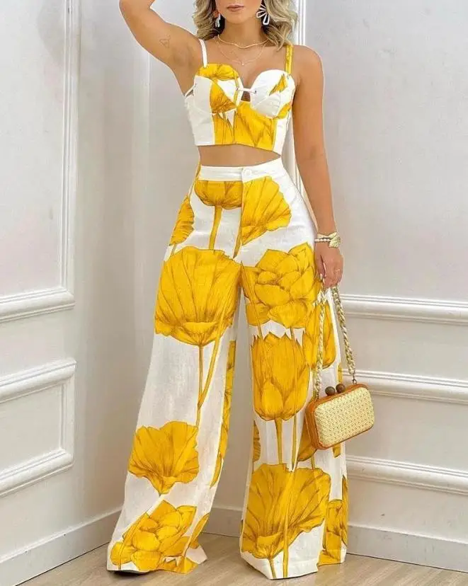 Fashion and Elegant Woman Pants Set 2023 Summer New Daily Casual Commuting Plants Print Crop Cami Tops and Wide Leg Pants Set