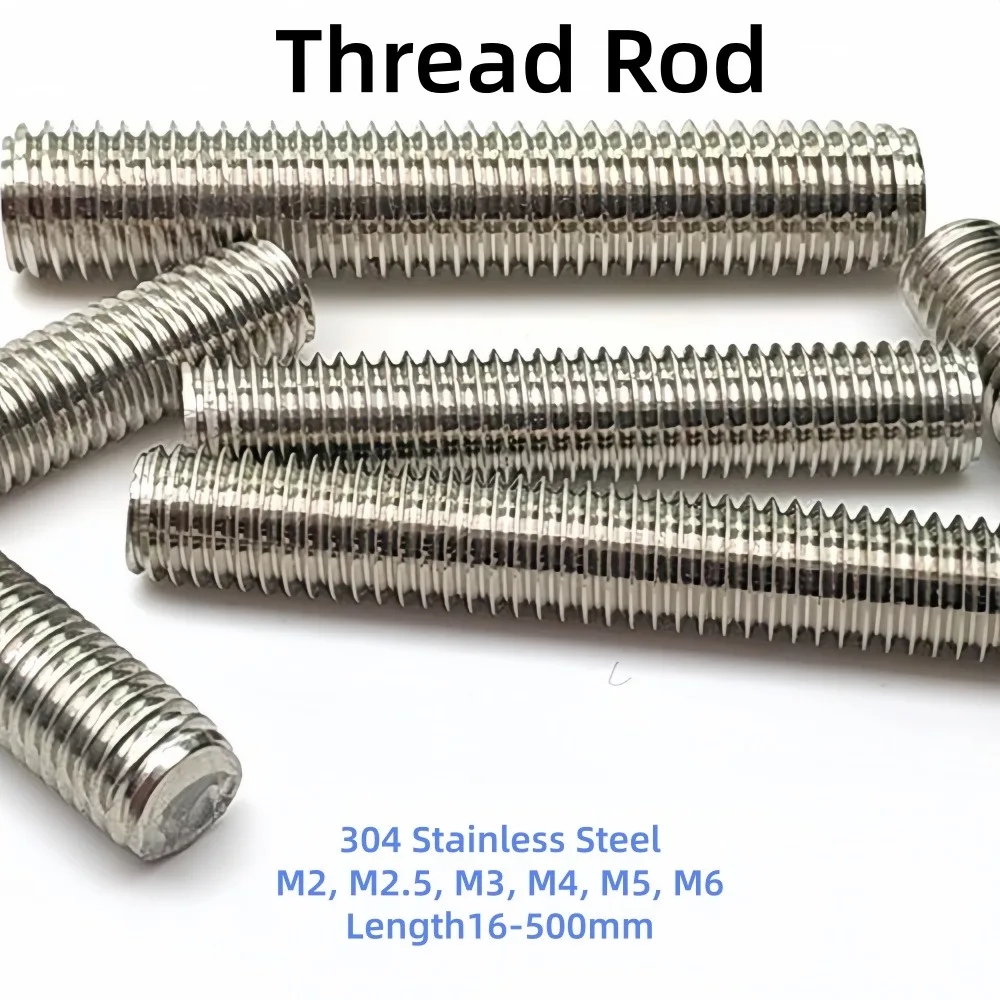 M2-M6 304 Stainless Steel Full Threaded Rods, Headless Fully Thread Stud Bolts, Continuous Thread Shaft Bar Screws L=16mm-500mm