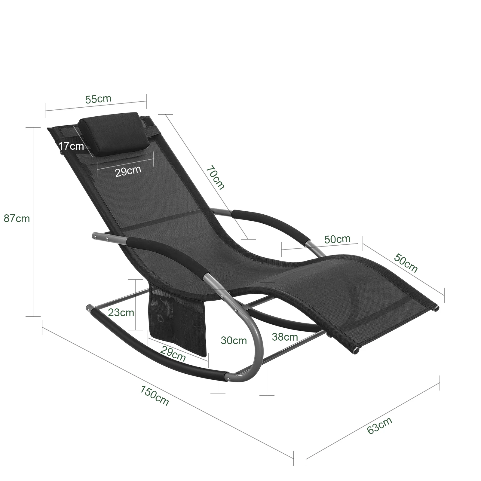 SoBuy OGS28 Sonnenliege Gartenliege wetterfest Liegestuhl Schaukelstuhl mit Kopfkissen Outdoor Terrasse Balkon Camping bis 150kg – Detail 4