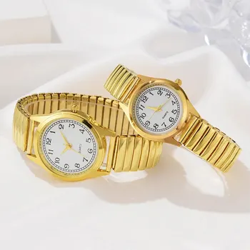 2 adet altın Retro yuvarlak Pointer Quartz saat klasik simülasyon elastik bant izle erkek ve kadın çiftler için uygun