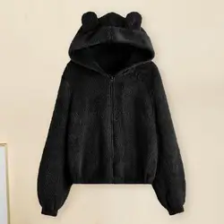 Women Coat Hooded Ears Decor Loose Fit Fuzzy Hoodie Sweatshirts Coldproof Long Sleeves Autumn Winter Thermal Ladies Jacket