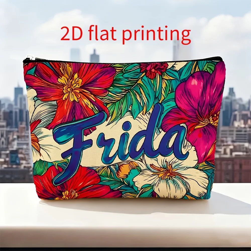 1 Piece of a Makeup Bag with Frida Art Floral Print - Multifunctional Zipper Pouch for Women, Perfect Travel Zipper Storage Bag, Fun Birthday Gift