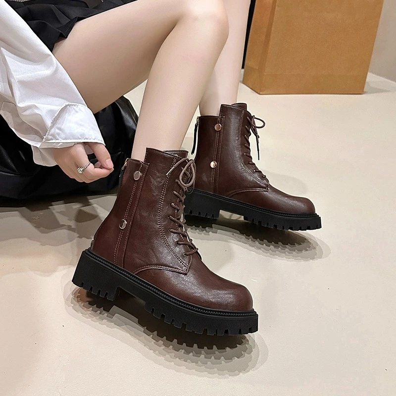 

Studded Zipper Leather Shoes Autumn New Round Toe Zipper Platform Non-Slip Wear-Resistant Block Heel Booties