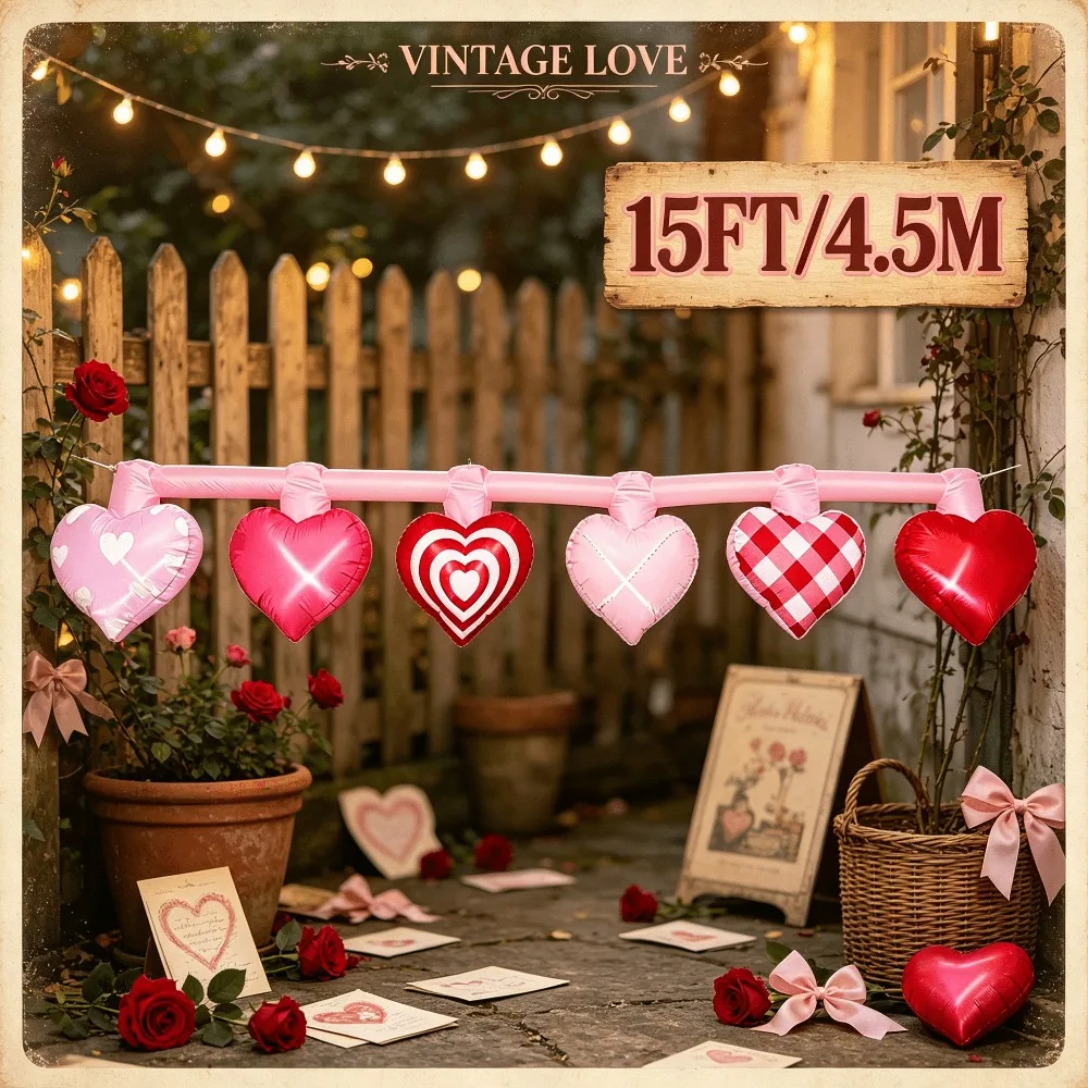 15FT Valentine's Day Inflatable Toy Heart String Garland LED Light Up Love Heart Inflatable Outdoor Romantic Yard Party Decor