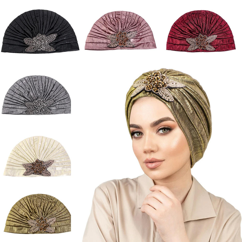 

Muslim Hijab Turban Women Indian Hat Beads Pleated Cancer Chemo Cap Hair Loss Headscarf Beanies Bonnet Headwear Turbante Mujer