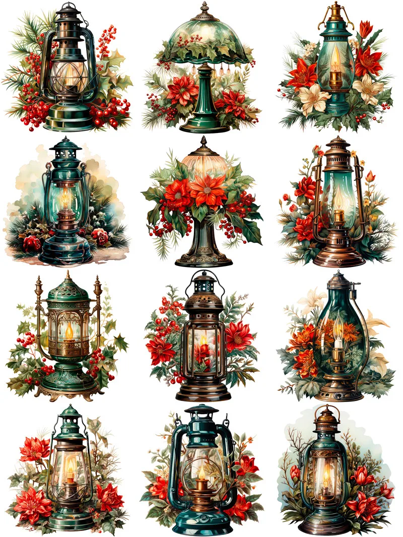 12Pcs/Pack Christmas Lantern Sticker DIY Craft Scrapbooking Album Junk Journal Decorative Stickers