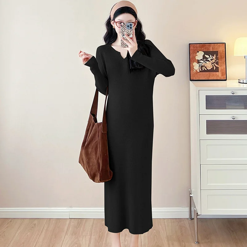 abito-premaman-primavera-e-autunno-francese-elegante-stile-pigro-minimalista-versatile-slim-fit-abito-in-maglia-con-scollo-a-v-morbido-e-confortevole