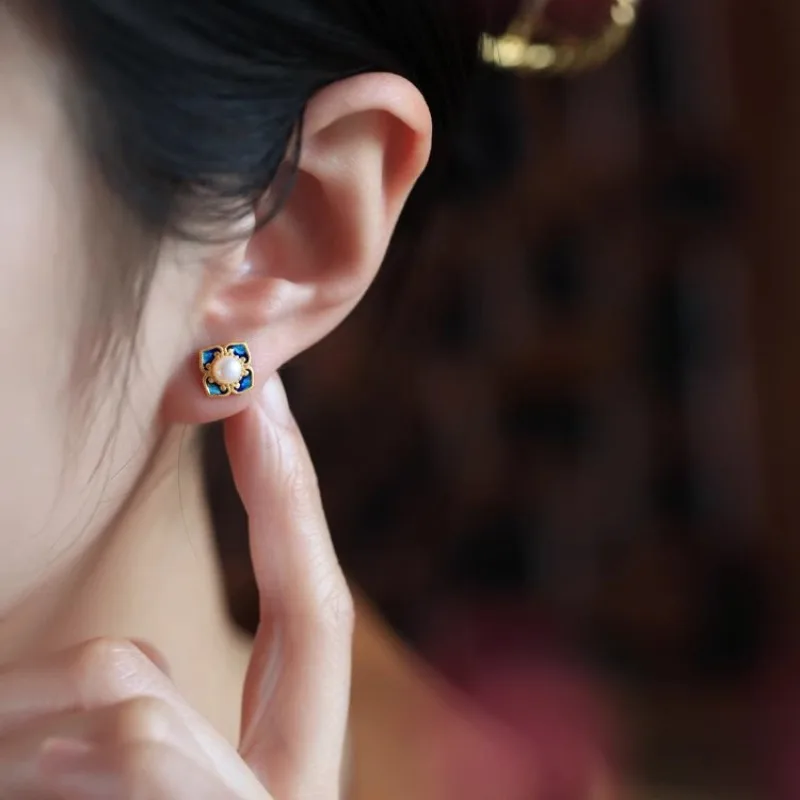 Classical New in Chinese style Colored Enamel Flower earrings for women Charms Elegant Pearl earings stud Cheongsam Jewelry