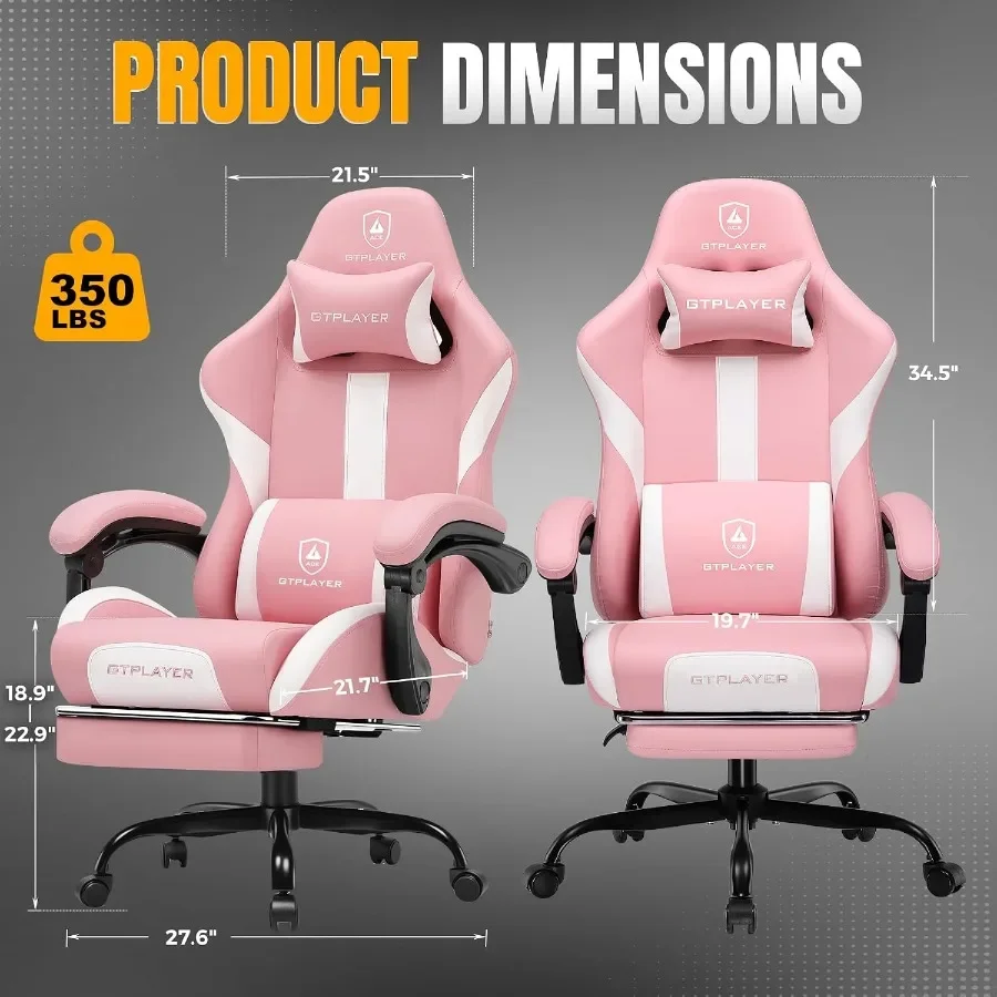Gaming Chair with Foot Rest Pocket Spring Cushion, Ergonomic High Back Computer Chair for Home Office Desk, PU Leather, Pink, E view 3