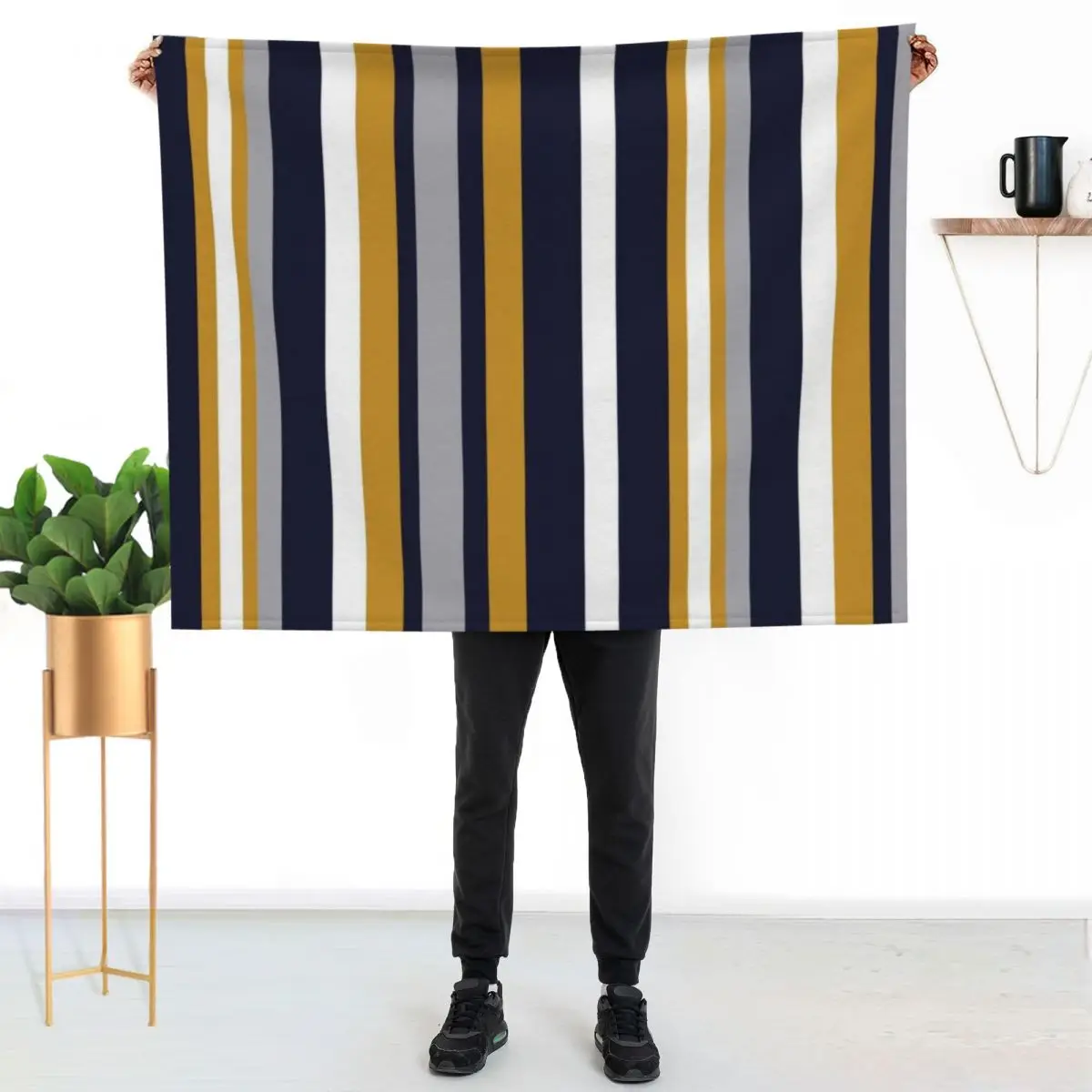 Modern Stripes Vertical Pattern in Honey Mustard Yellow, Dark Navy Blue, Gray, and White. Minimalist Color Block Throw Blanket