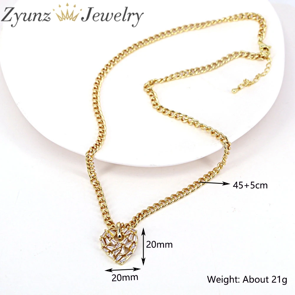 5PCS, Luxury Zircon Crystal Love Heart Pendant Curb Link Chain Necklace For Women Fashion Female Punk Jewelry Chunky Choker Neck