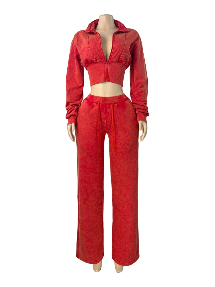 JENYAGE Damen 2-teiliges Vintage-Outfit, Stretch-Crop-Top mit Reißverschluss vorne, elastische Hose mit Kordelzug und weitem Bein, lässiges Loungewear-Set – Detail 8