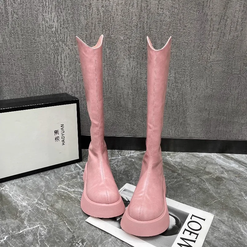 Women's New Simple Solid Color Platform Non-slip High Boots in Autumn and Winter 2025 Fashion Zipper Design Leisure Knee Boots.