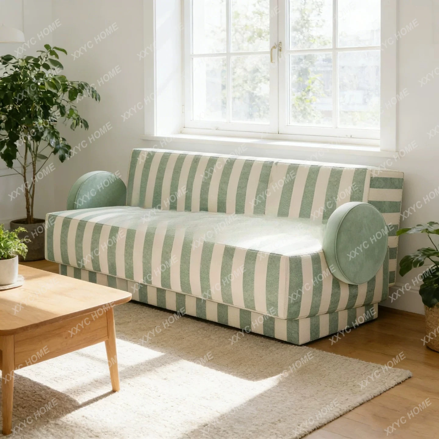 Vintage-inspired minimalist showroom striped fabric single sofa chair - retro home living room reception sofa