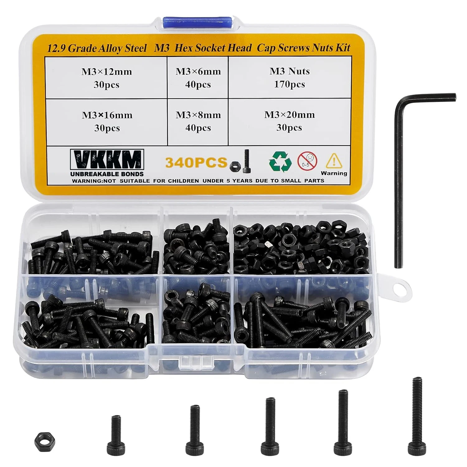 Metric Screws Assortment,340 Pcs M3 Screw Kit, Suitable for DIY, 12.9 Grade Alloy Steel Hex Socket Head Cap Bolts Nuts Kit