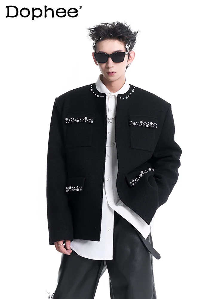 New Chinese Jackets Men's 2024 Autumn New Chic Embroidered Pearl Men's Long-sleeve Round Neck Handsome Jacket Trendy Male Coats