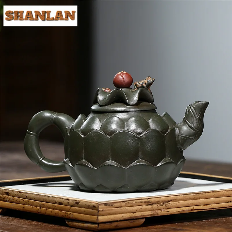 410ml High-end Yixing Purple Clay Teapots Handmade Lotus Leaf Frog Pot Raw Ore Green Mud Kettle Chinese Zisha Tea Set Tableware