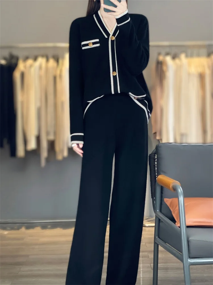 

Women's matching set 100% Merino wool V-neck cardigan+straight elastic waist pants two-piece set knitted small fragrant style
