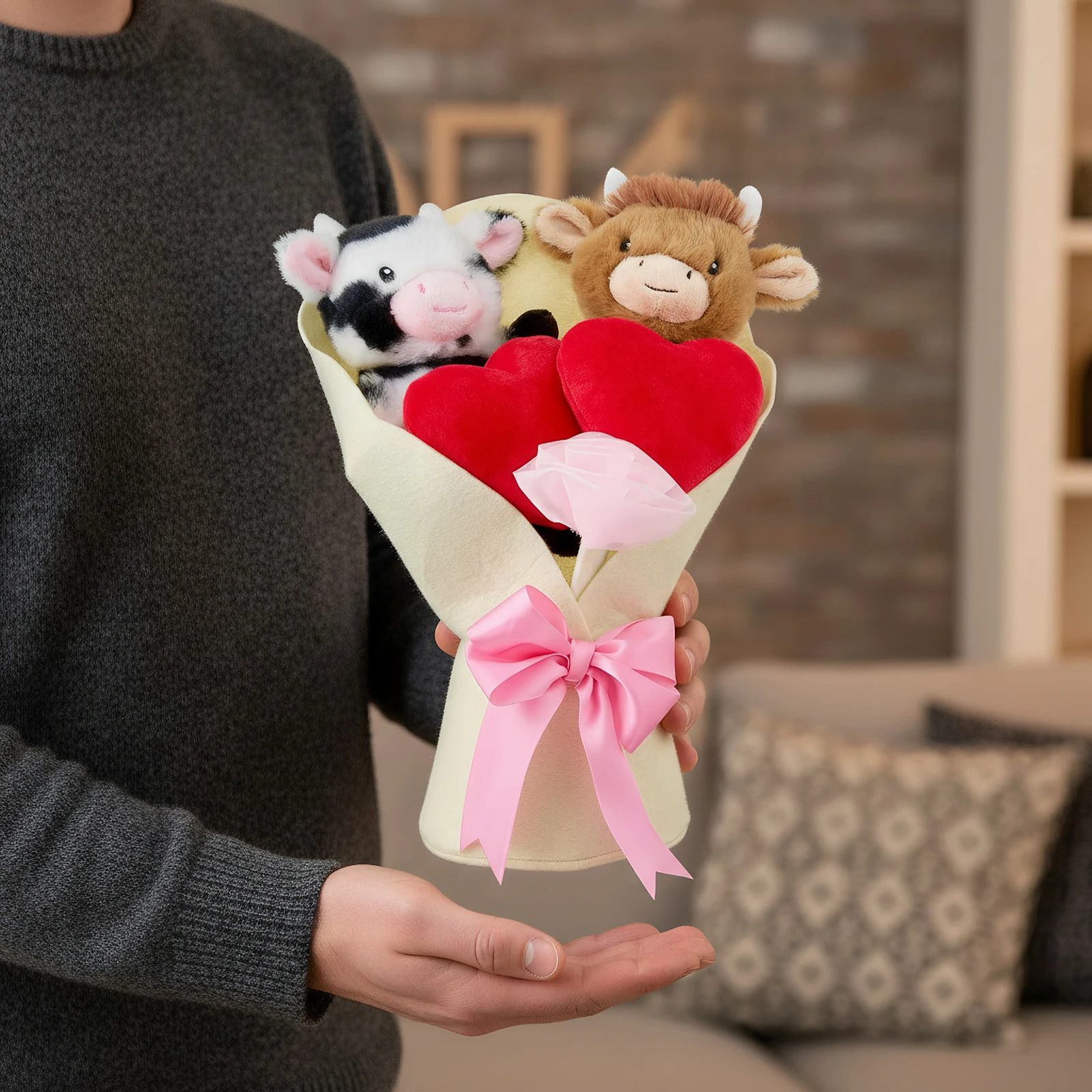 Highland Cow Cute Plush Stuffed Cartoon Toys Hearts and Pink Bow Cute Soft Stuffed Animal for Boys Girls Birthday Valentine Gift