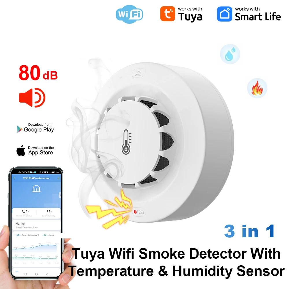 Tuya WiFi of Zigbee Rookmelder met temperatuur-vochtigheidsdetectie 3-in-1 Ondersteuning 80dB Geluidsalarm Afstandsbediening Push Alert-functie