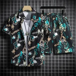 Conjunto de playa hawaiana de verano para hombre: camisa floral de manga corta + traje corto de seda helada