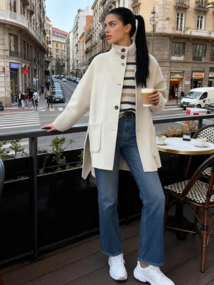 

Fur Pocket Knit Women's Sweater Casual Stand Collar Long Sleeve Single-breasted Female Cardigan 2025 Autumn Winter Knitwear