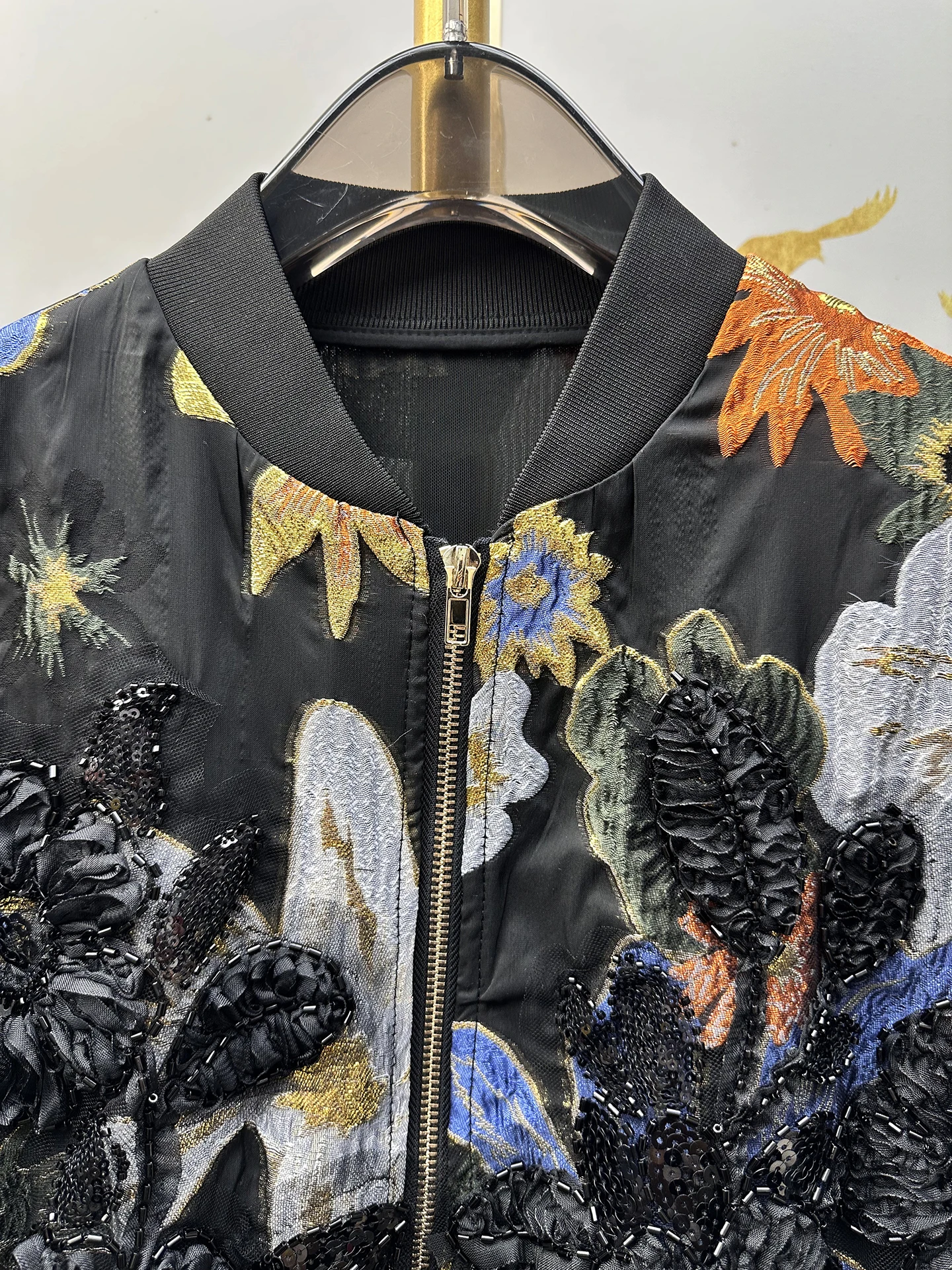 Autumn New Women's Heavy Embellished Sequin Floral Jacket Baseball Style Loose Casual Short Outerwear Versatile Cotton Polyes...