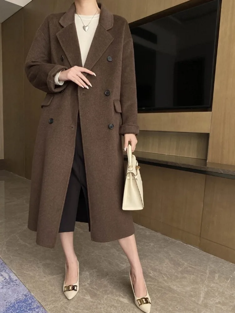 XIWEN 64.2% Woolen Double-breasted Turn-down Collar Solid Color Casual Elegant Women's Coats 2024 Autumn Winter New XF3368