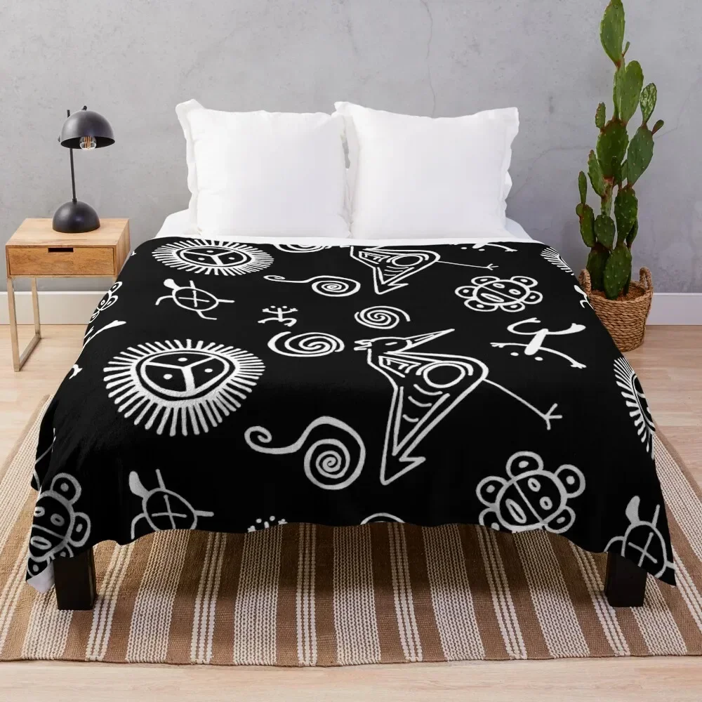 Taino Symbols | Black and White Taino Art Throw Blanket For Decorative Sofa Plush Blankets