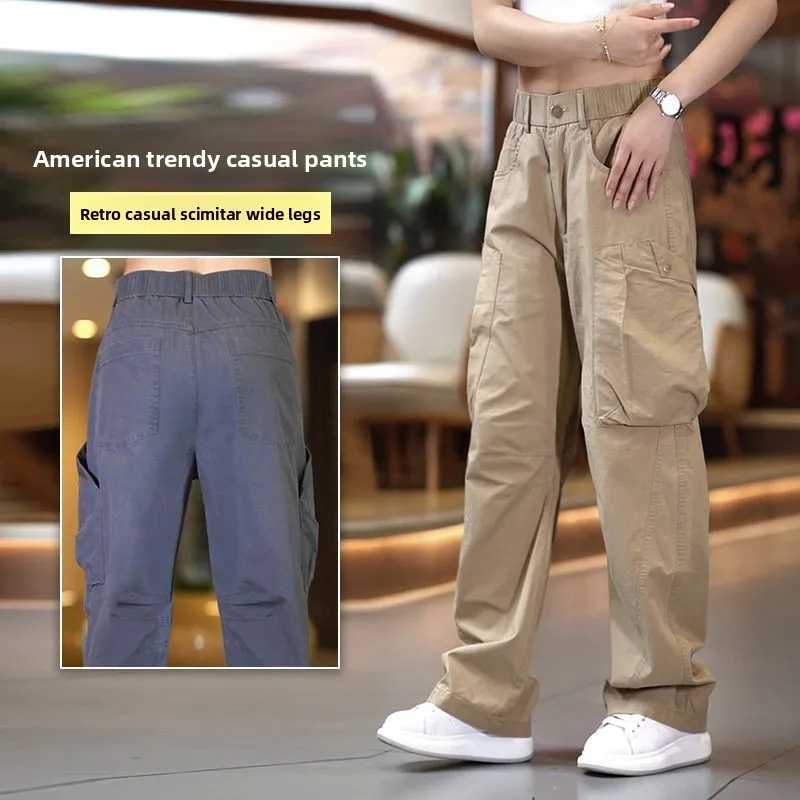 

Мужские повседневные хлопковые брюки с широкими штанинами, лето 2025, модные американские рабочие брюки прямого кроя, винтажные свободные брюки