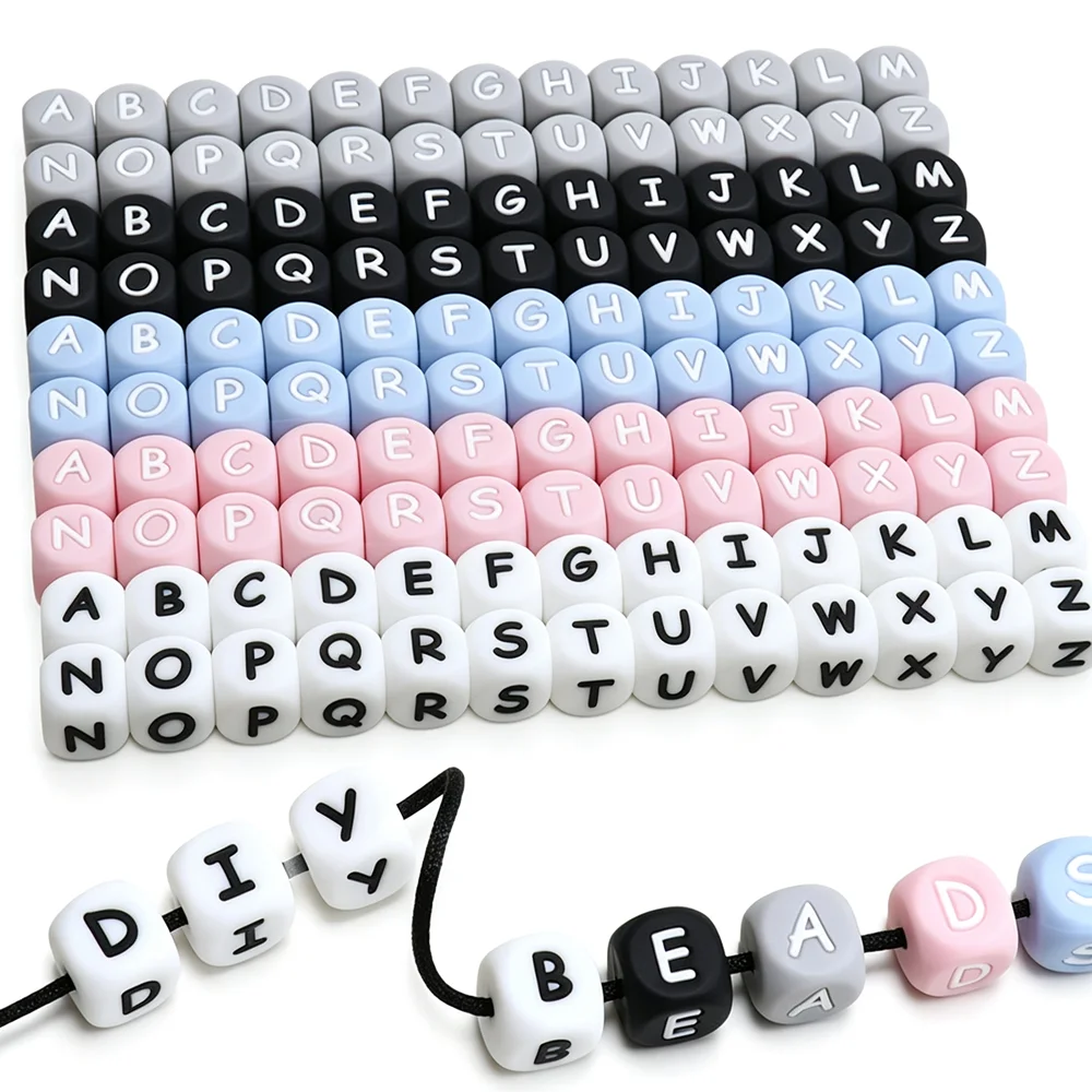 200/500/1000pcs 12mm Cube Silicone English Alphabet Beads White Black pink Blue A-Z Letter Silicone Beads for DIY Jewelry Making