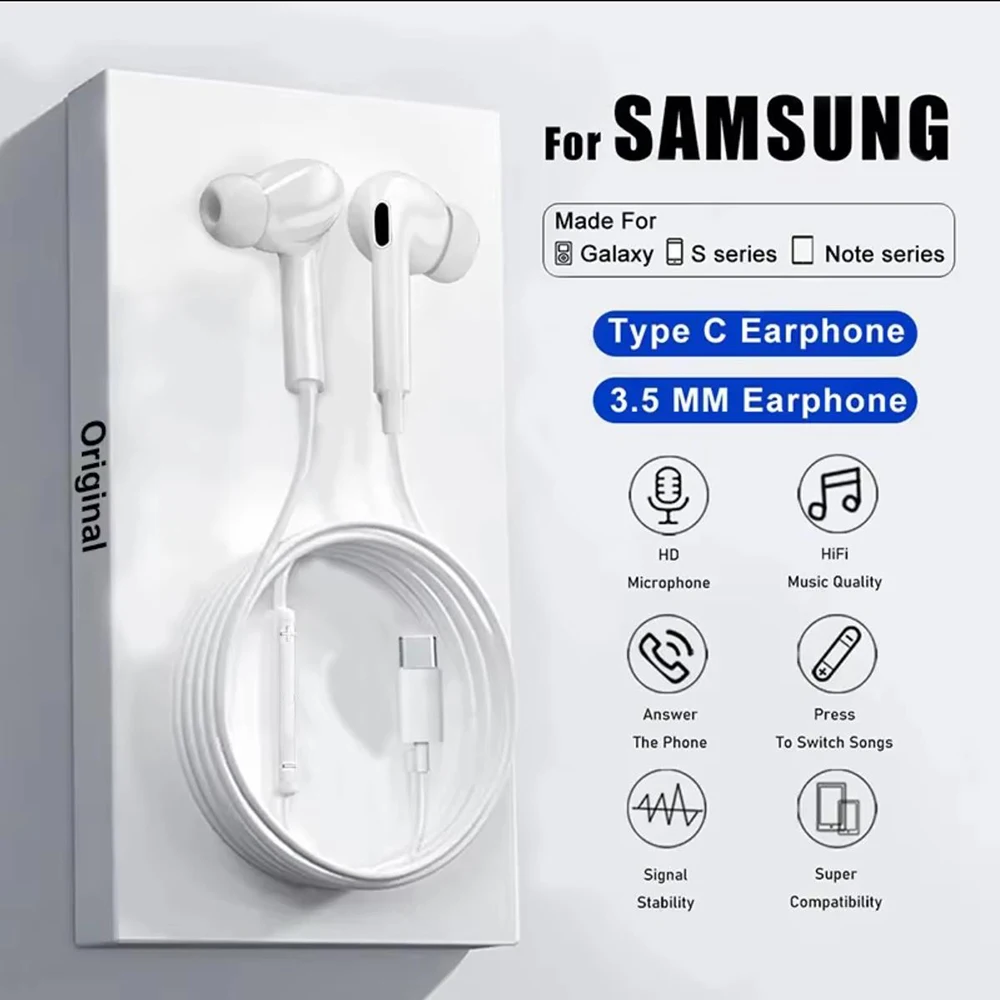 Original Type C Wired Earbuds Headphones For Samsung Galaxy S25 Ultra S23FE S24 Plus A16 A36 A56 Music Call Earphone Accessories — product photo 1 of 1