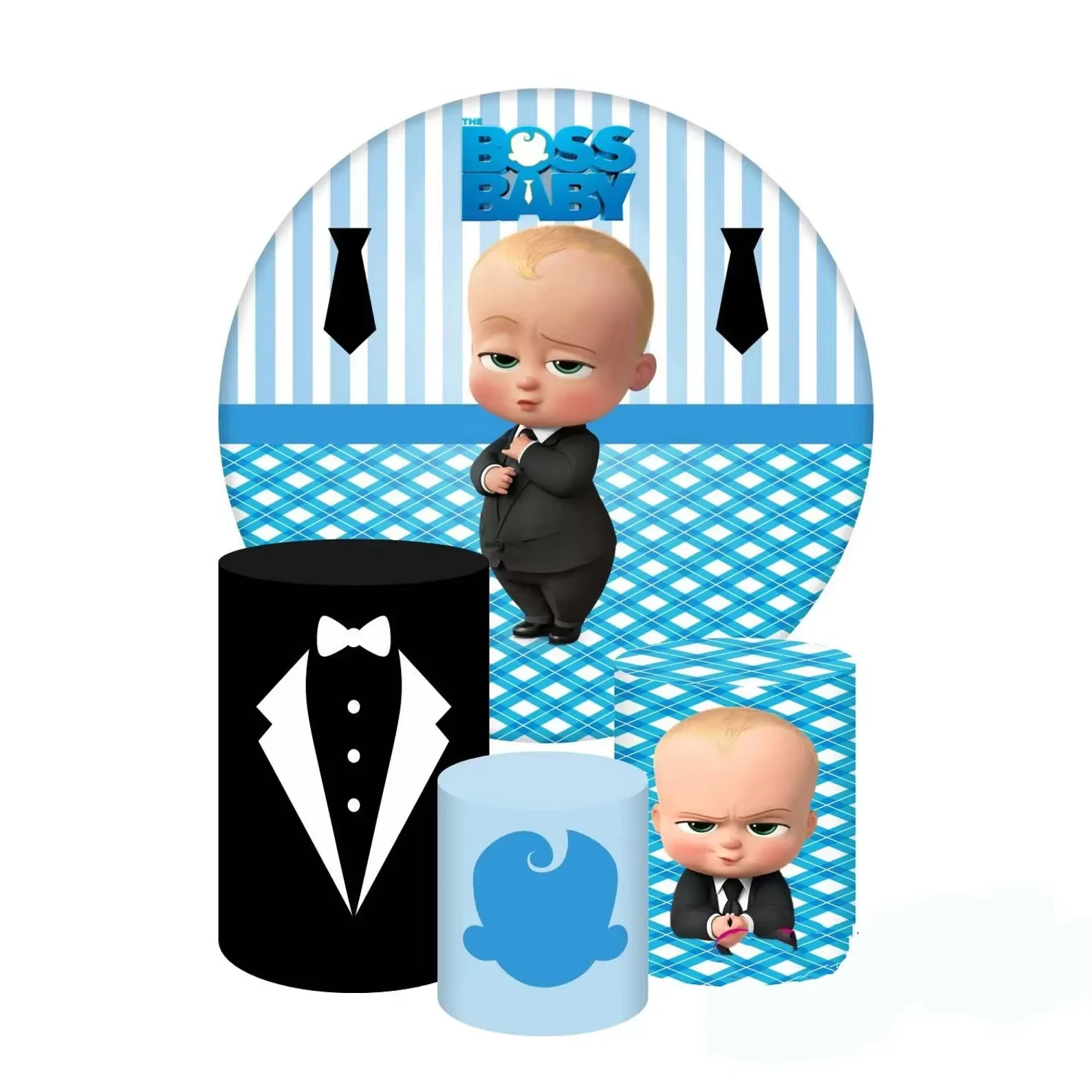 Boss Baby Round  Backdrops Covers Kids Boy 1st Birthday Baby Shower Cylinder Background Cover Elastic Custom Name Decoration